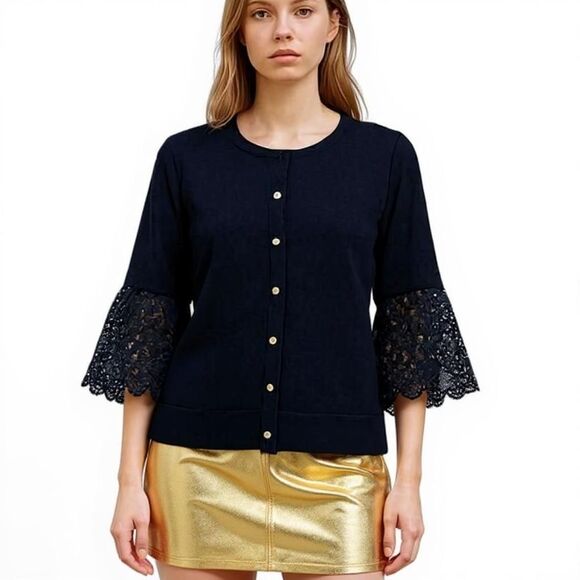 Anne Klein Black Cardigan Lacy Bell Sleeve Gold Button Sweater XL - Picture 1 of 12